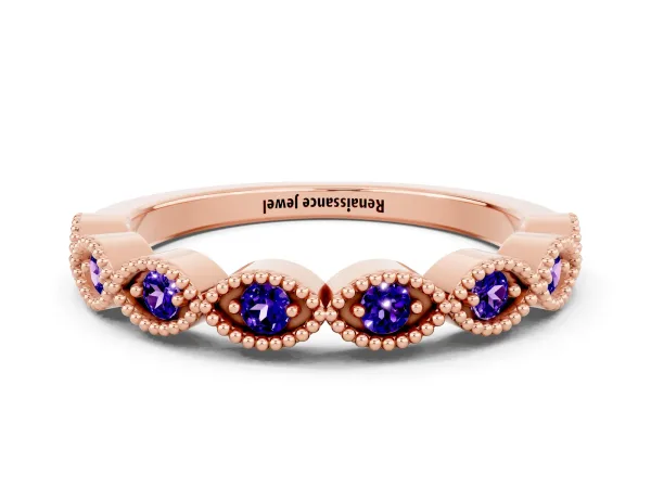 Milgrain Marquise Tanzanite Half Eternity Band with Bezel Setting Rose gold