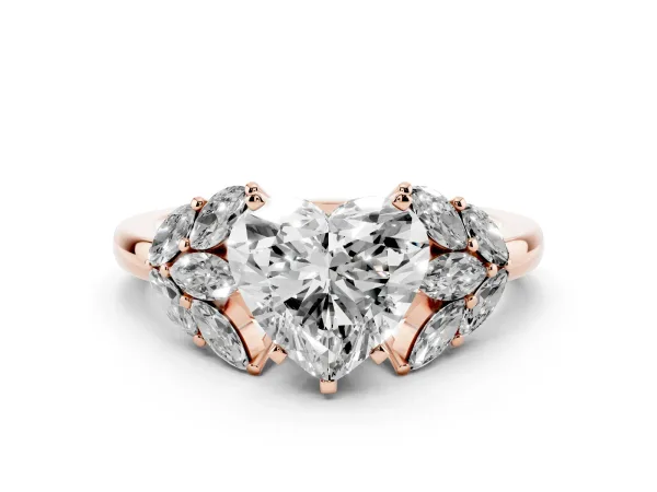 Heart Cut Diamond Cluster Leaf Design Ring with Prong Setting Rose gold