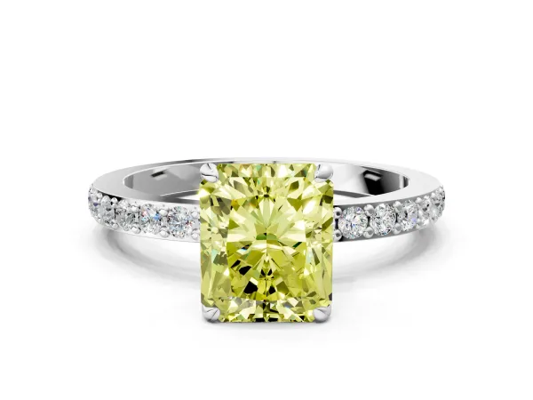 Fancy Yellow Radiant Cut Diamond Solitaire Engagement Ring with Pavé Band and Four-Prong Setting Platinum