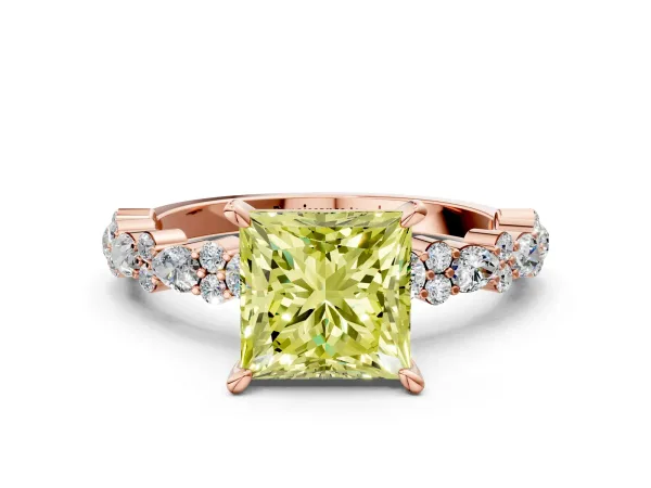Fancy Yellow Princess Cut Diamond Side Stone Solitaire Ring with Round and Four-Prong Setting Rose gold