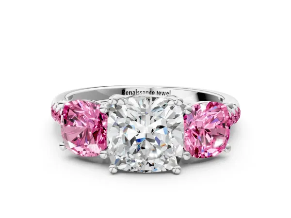 Three-Stone Cushion Cut Diamond Ring with Round Pink Sapphire Pavé Band and Prong Setting Platinum