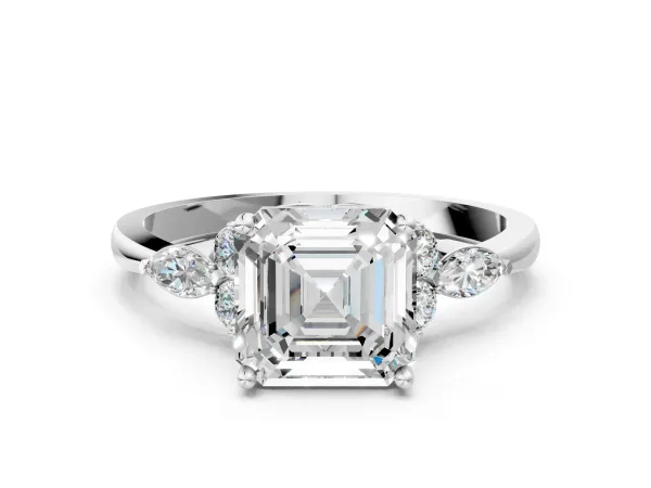 Asscher Cut Brilliant Diamond Solitaire Ring with Pear Side Stones and Four-Prong Setting Platinum