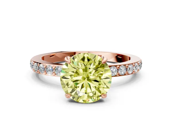 Fancy Yellow Round Cut Diamond Solitaire Engagement Ring with Pavé Band and Four-Prong Setting Rose gold