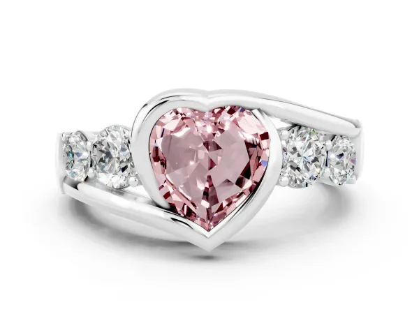 Bezel Set Heart Cut Morganite Bypass Ring with Round Accents Platinum