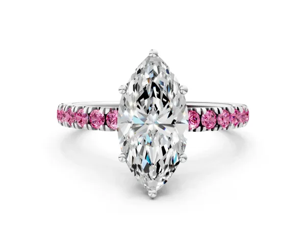 Marquise Cut Diamond Pave Band Solitaire Ring with Round Pink Sapphire and Prong Setting White gold
