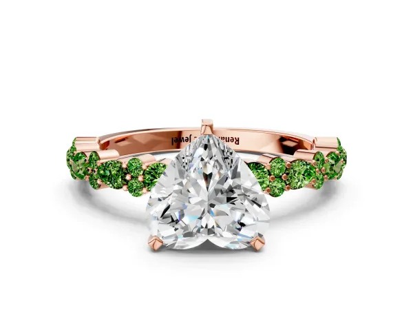 Heart Cut Diamond Side Stone Solitaire Ring with Round Peridot and Four-Prong Setting Rose gold