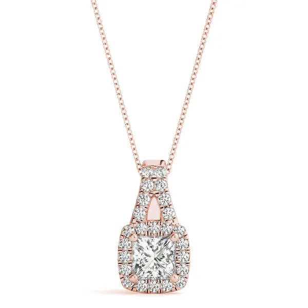 Cushion Halo Diamond Pendant with Princess Cut Stone and Four-Prong Setting Rose gold