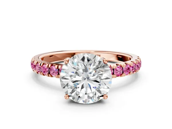 Round Cut Diamond Pave Band Solitaire Ring with Round Pink Sapphire and Prong Setting Rose gold