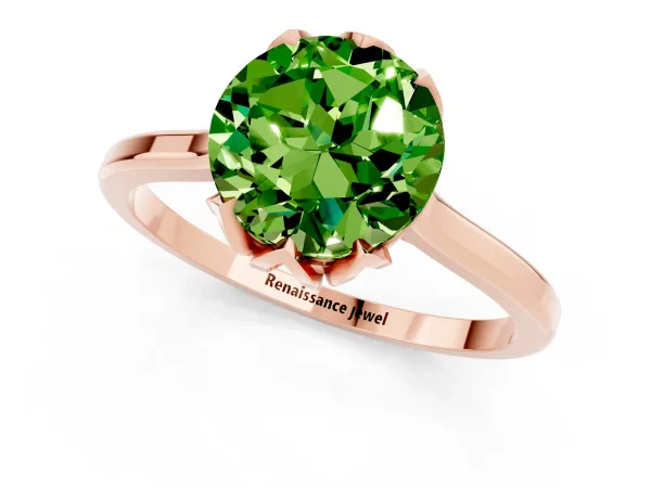 Round Cut Peridot Solitaire Ring with Flower Prong Setting and Classic Band Rose gold