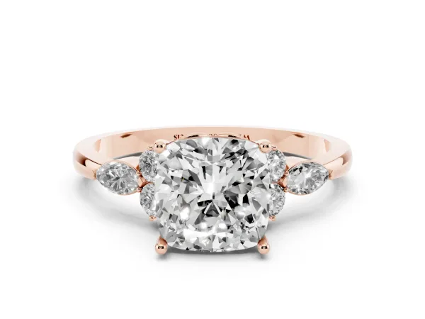 Cushion Cut Brilliant Diamond Solitaire Ring with Pear Side Stones and Four-Prong Setting Rose gold
