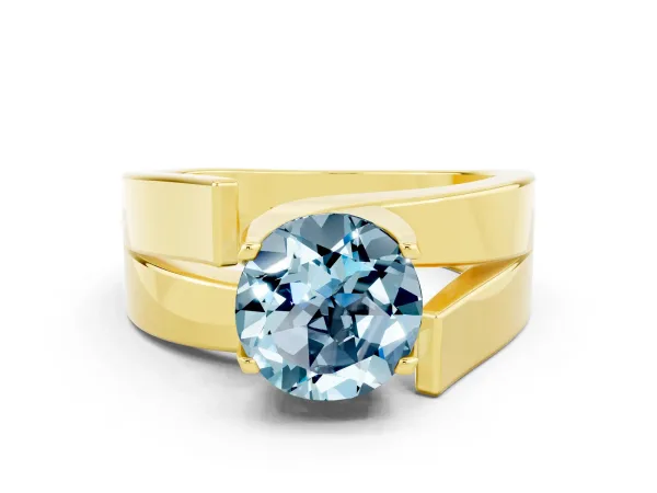 Modern Tension Set Round Cut Aquamarine Solitaire Wide Band Ring Yellow gold