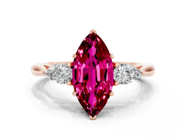 Marquise Cut Garnet Three-Stone Ring with Pear Side Stones and Prong Setting Rose gold