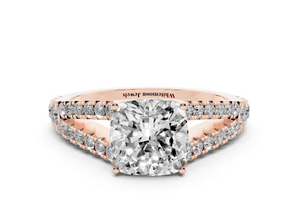 Cushion Cut Diamond Split Shank Pavé Engagement Ring with Four-Prong Setting Rose gold