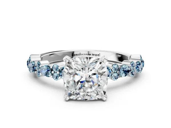 Cushion Cut Diamond Side Stone Solitaire Ring with Round Aquamarine and Four-Prong Setting Platinum