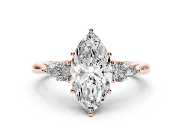 Three-Stone Marquise Cut Brilliant Diamond Solitaire Ring with Tapered Band and Four-Prong Setting Rose gold