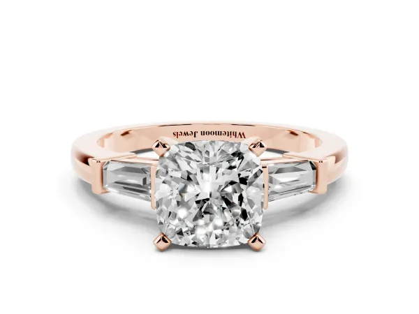 Cushion Cut Cut Diamond Solitaire Ring with Tapered Baguette Accents and Four-Prong Setting Rose gold