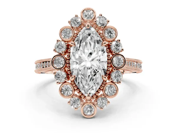 Marquise Cut Halo Milgrain Pave Diamond Ring with Four-Prong Setting Rose gold