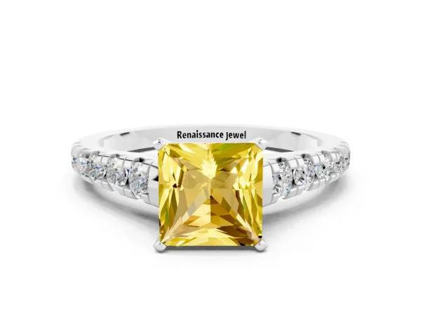Princess Cut Yellow Sapphire Cathedral Solitaire Ring with Round Pavé Band Platinum