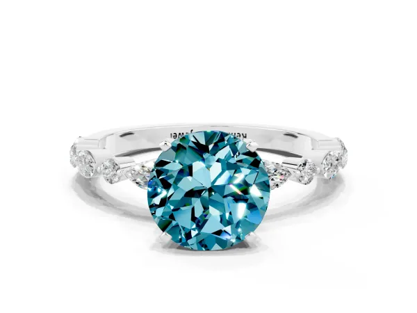 Round Cut Blue Topaz Ring with Marquise and Round Side Stones and Four-Prong Setting Silver