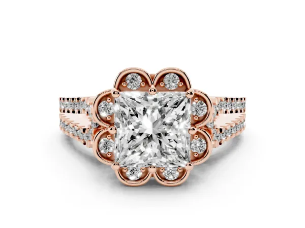 Princess Cut Halo Diamond Floral Split Shank Engagement Ring Rose gold