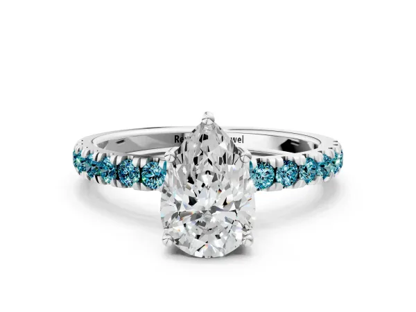 Pear Cut Diamond Pave Band Solitaire Ring with Round Blue Topaz and Prong Setting White gold