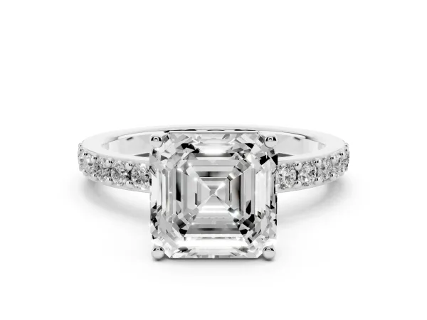 Asscher Cut Cut Diamond Solitaire with Pave Band and Four-Prong Setting Platinum
