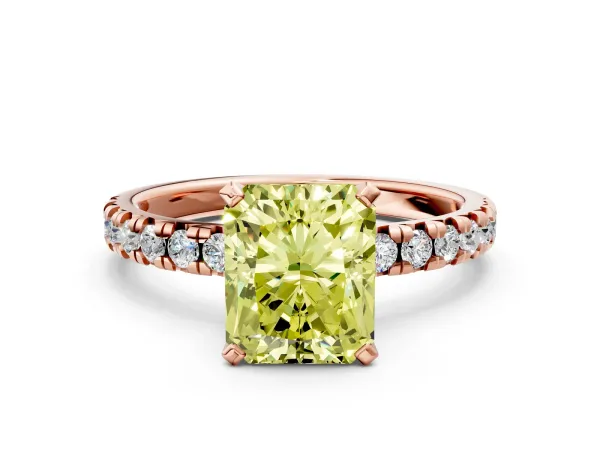 Fancy Yellow Radiant Cut Diamond Solitaire Pavé Engagement Ring with Round Band and Prong Setting Rose gold