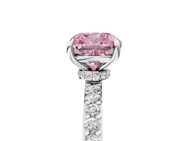 Fancy Pink Cushion Cut Diamond Solitaire Engagement Ring with Pavé Band and Four-Prong Setting Platinum