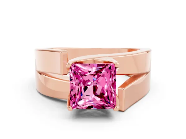 Modern Tension Set Princess Cut Pink Sapphire Solitaire Wide Band Ring Rose gold
