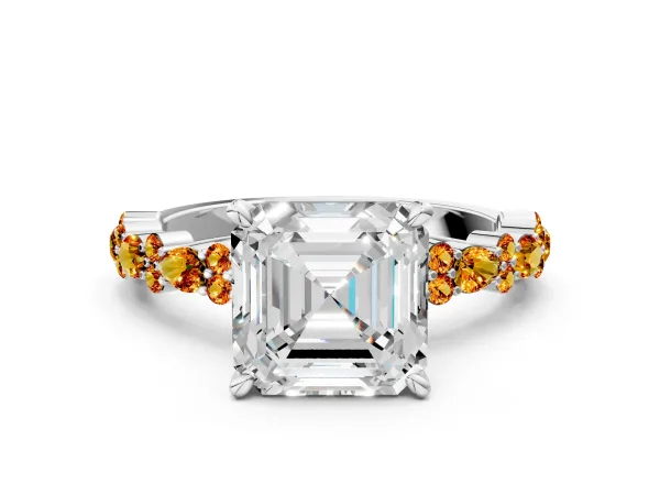 Asscher Cut Diamond Side Stone Solitaire Ring with Round Citrine and Four-Prong Setting Platinum