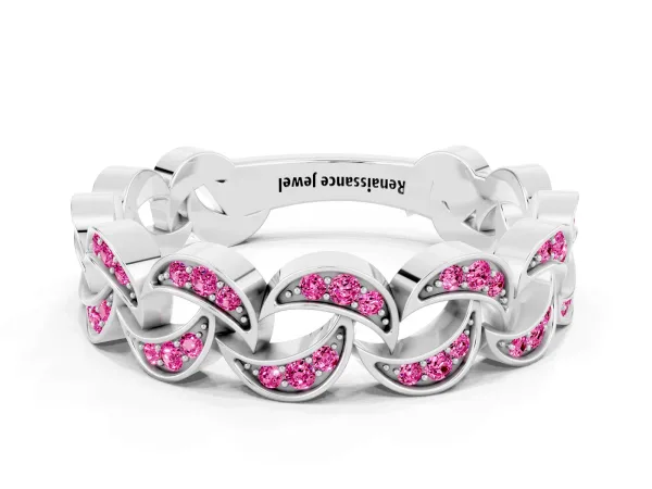 Pavé Round Pink Sapphire Interlocking Eternity Band with Bezel Prong Setting Platinum