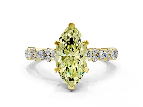 Fancy Yellow Marquise Cut Diamond Side Stone Solitaire Ring with Round and Four-Prong Setting Yellow gold