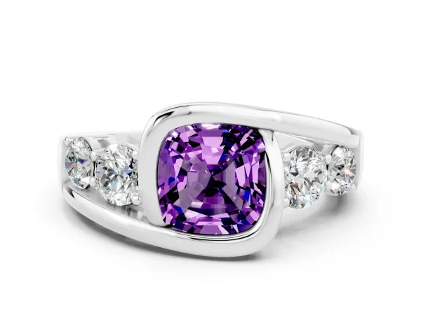 Bezel Set Cushion Cut Amethyst Bypass Ring with Round Accents Platinum