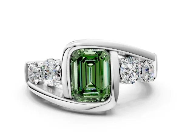 Fancy Green Bezel Set Emerald Cut Diamond Bypass Ring with Round Accents Silver