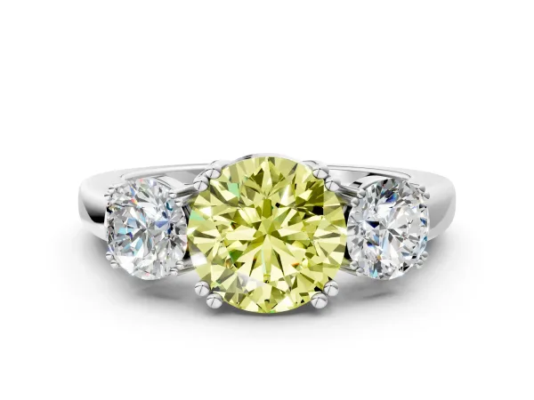 Fancy Yellow Three-Stone Round Cut Cut Diamond Ring with Channel Set Band and Four-Prong Setting Platinum