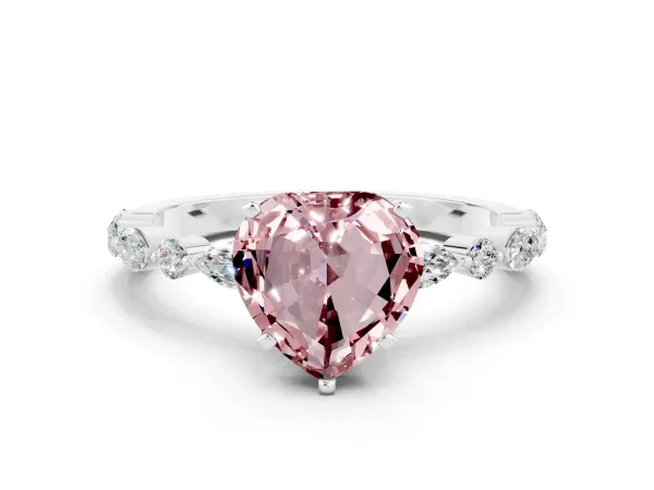 Heart Cut Morganite Ring with Marquise and Round Side Stones and Four-Prong Setting Platinum