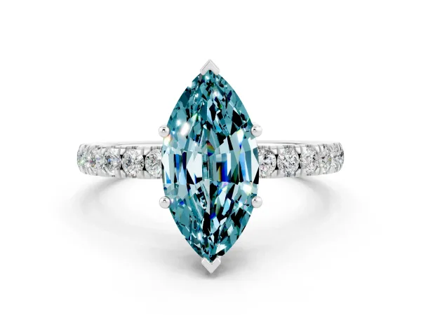 Marquise Cut Blue Topaz Pave Band Solitaire Ring with Round and Prong Setting White gold