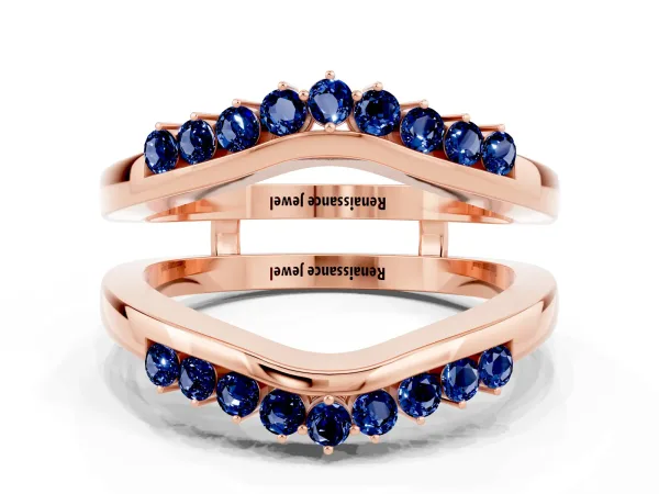 Round Blue Sapphire Chevron Contour Band with Prong Setting Rose gold