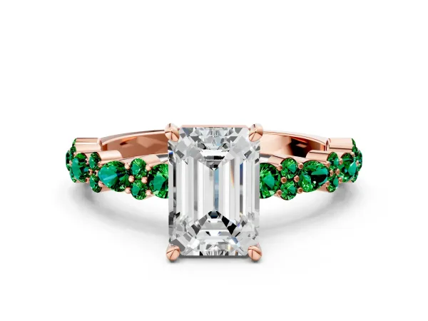 Emerald Cut Diamond Side Stone Solitaire Ring with Round Emerald and Four-Prong Setting Rose gold