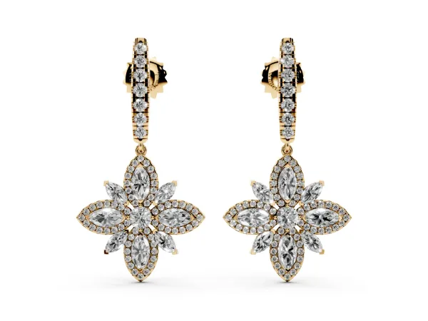 Marquise and Round Diamond Floral Huggie Drop Earrings Yellow gold