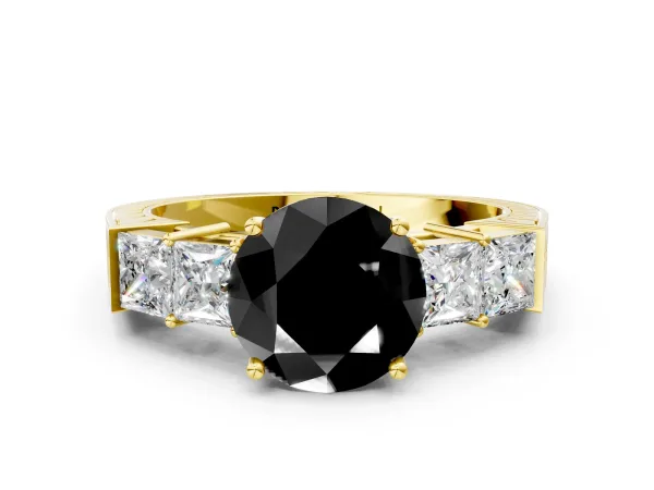 Fancy Black Round Cut Solitaire Princess Side Stone Engraved Band Prong Setting Ring Yellow gold