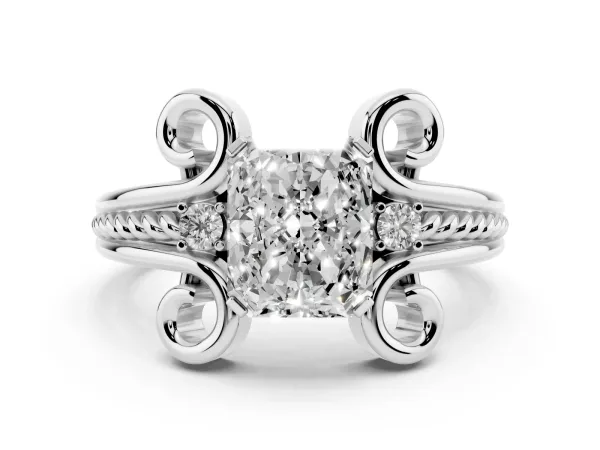 Radiant Cut Solitaire Twisted Band Scroll Prong Ring White gold