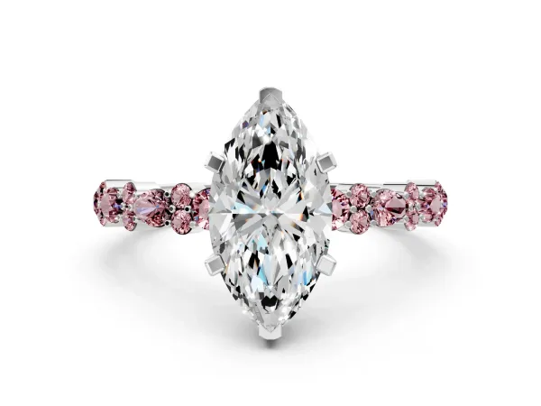 Marquise Cut Diamond Side Stone Solitaire Ring with Round Morganite and Four-Prong Setting White gold