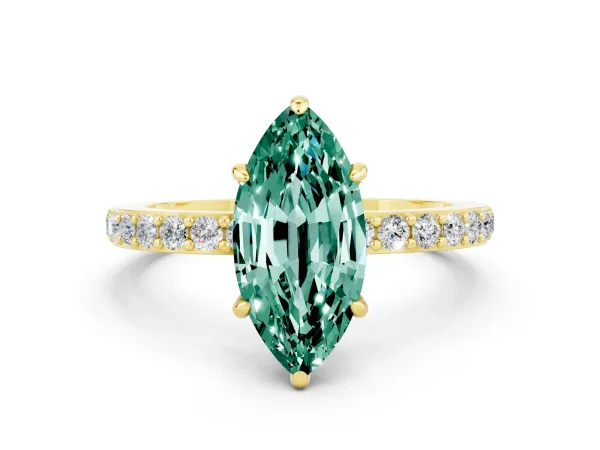 Marquise Cut Green Sapphire Solitaire Engagement Ring with Pavé Band and Four-Prong Setting Yellow gold