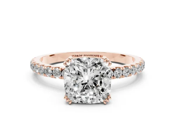 Cushion Cut Brilliant Solitaire with Pavé Band and Claw Prong Setting Rose gold