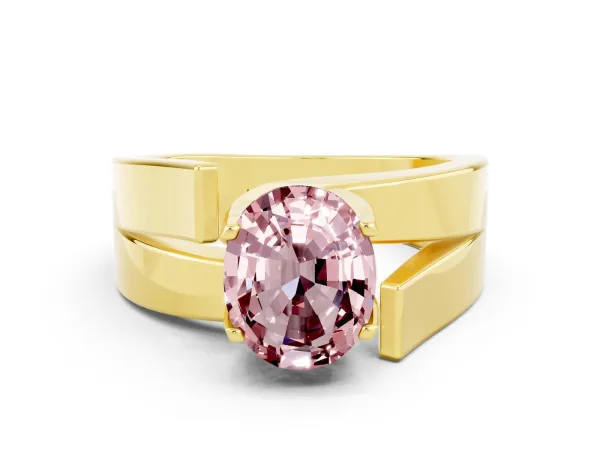 Modern Tension Set Oval Cut Morganite Solitaire Wide Band Ring Yellow gold