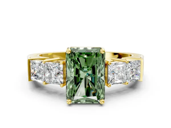 Fancy Green Radiant Cut Solitaire Princess Side Stone Engraved Band Prong Setting Ring Yellow gold