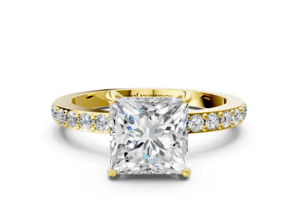 Princess Cut Diamond Solitaire Engagement Ring with Pavé Band and Four-Prong Setting Yellow gold