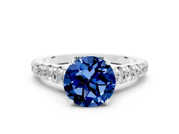 Round Cut Blue Sapphire Cathedral Solitaire Ring with Round Pavé Band Platinum