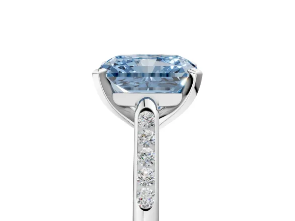 Fancy Blue Radiant Cut Diamond Solitaire Ring with Channel Set Round Band and Prong Setting White gold